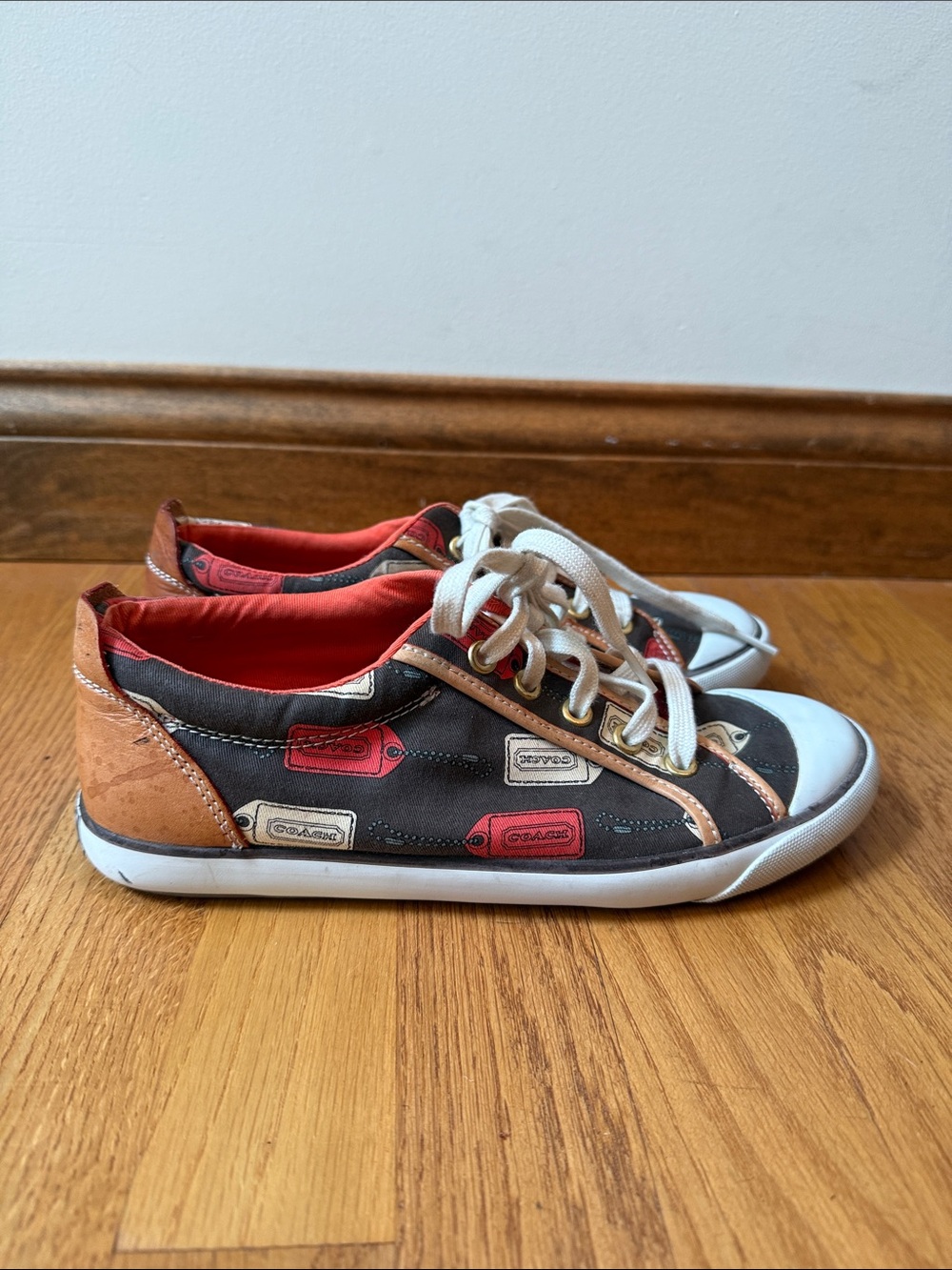 COACH Barrett Hangtag Print Sneakers Women 8M Brown Orange Canvas Leather A1064 - Picture 8 of 13